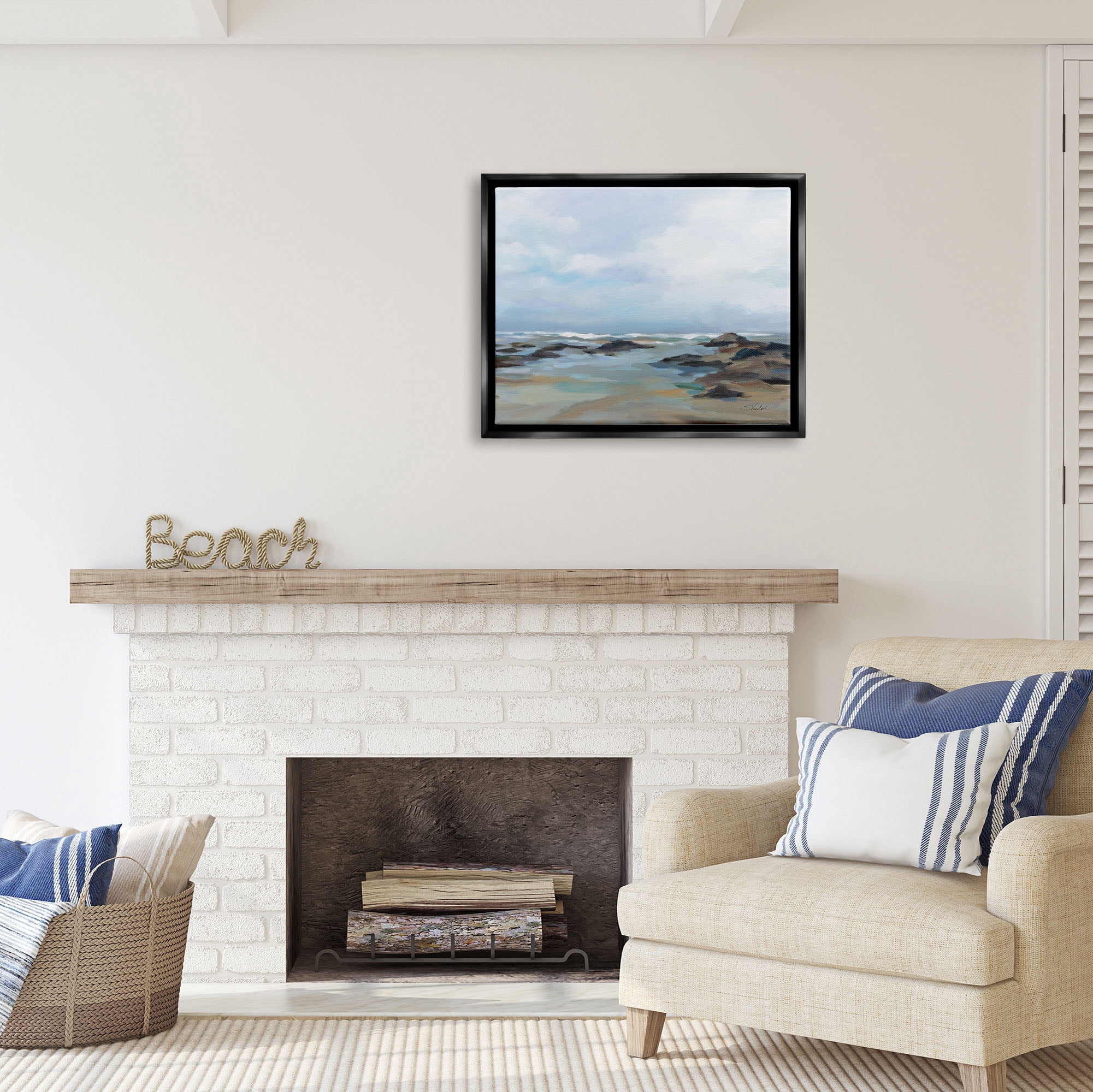 Stupell Industries Morning Beach Painting Nature Painting Black Floater Framed Art Print Wall Art, 31 x 25