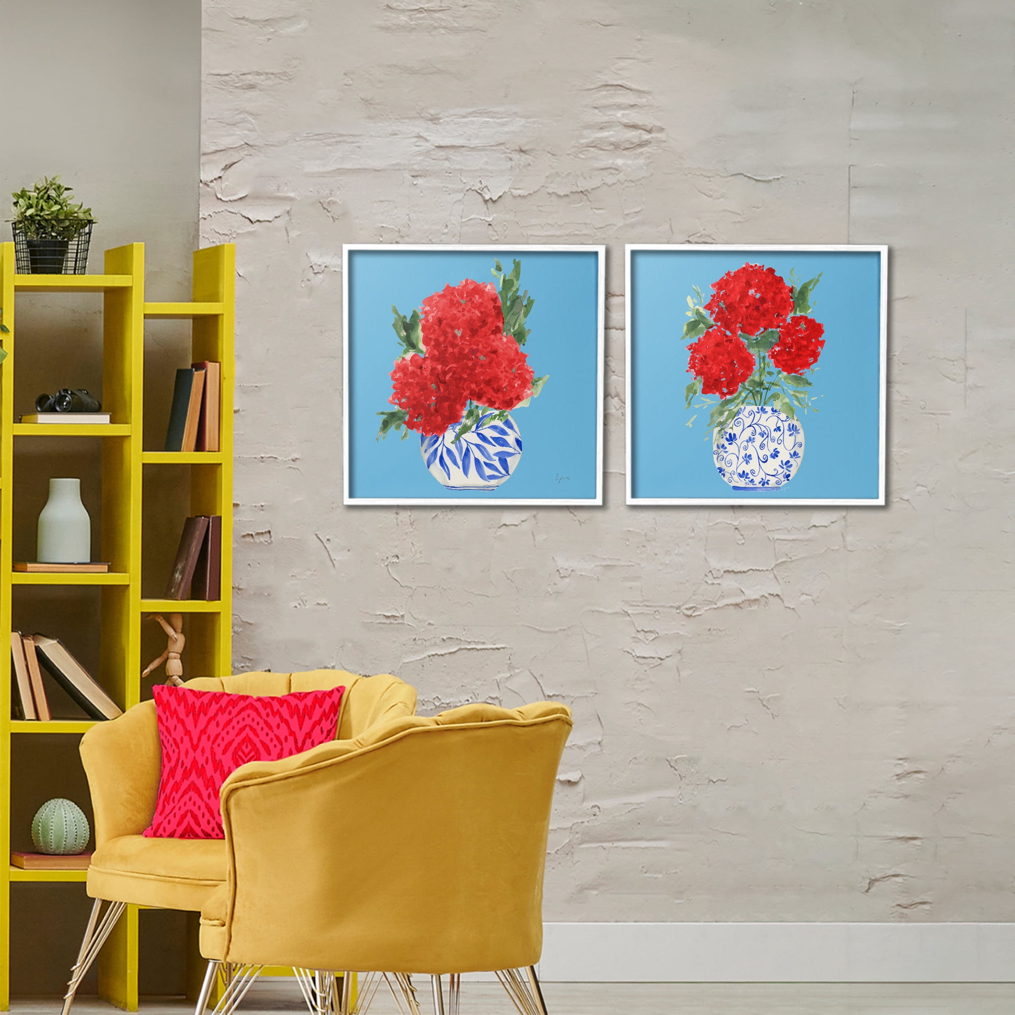 Stupell Industries Bright Red & Blue Hydrangeas 2 Piece White Framed Giclee Art Set, design by Lucille Price