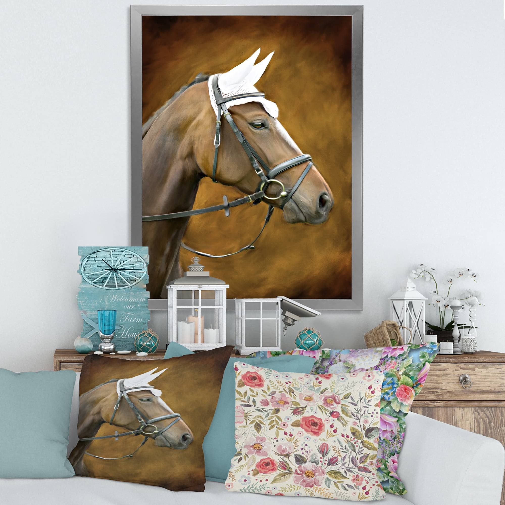 Designart 'Close Up Portrait Of Brown Horse With White Ears' Farmhouse Framed Art Print