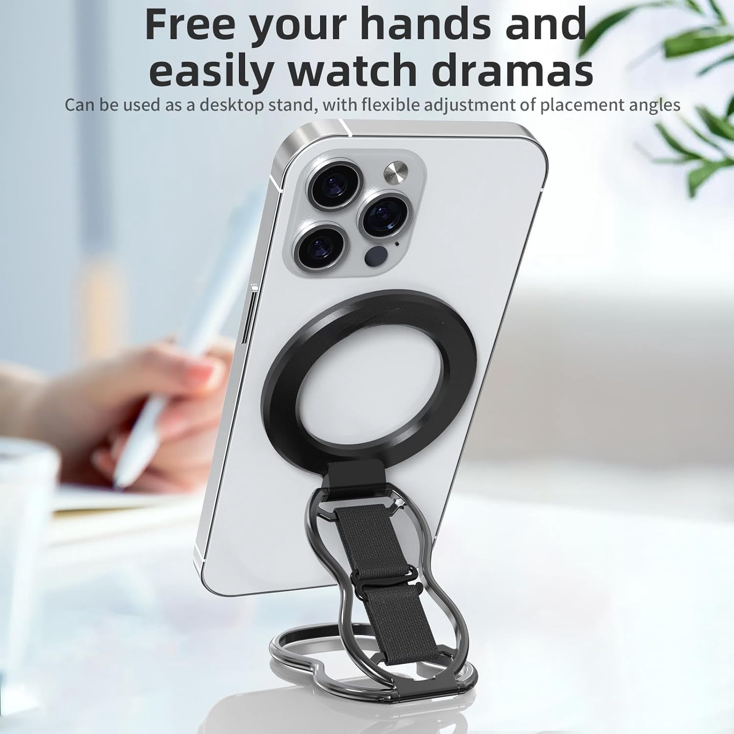 Maxxmarket-Magnetic-Phone-Grip-Stand-with-Finger-Strap, 4-in-1 Magnetic Ring Holder, Kickstand and Elastic Strap for Phones, Universal Fit for iPhone 17/16/15/14/13/12, Android, and Cases (Black)