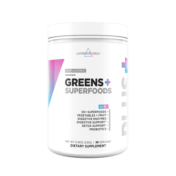 Livingood Daily Greens & Superfood Powder, Super Greens for Gut Health, Green Juice Powder with Spirulina, Chlorella, and Digestive Enzymes, Probiotics for Digestive Support, Unflavored, 30 Servings