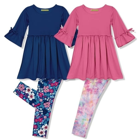 Millie Loves Lily Girls Navy and Pink Dress & Legging Set (Size 3T-12 & Plus Sizes) 4pcs
