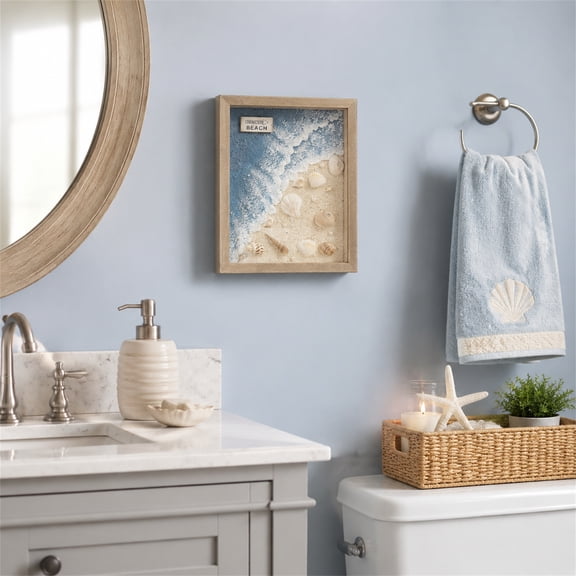 Coastal Beach Wall Decor, 3D Seashell Ocean Wave Sand Art with Wooden Frame, Nautical Home Decoration for Bathroom Bedroom Living Room