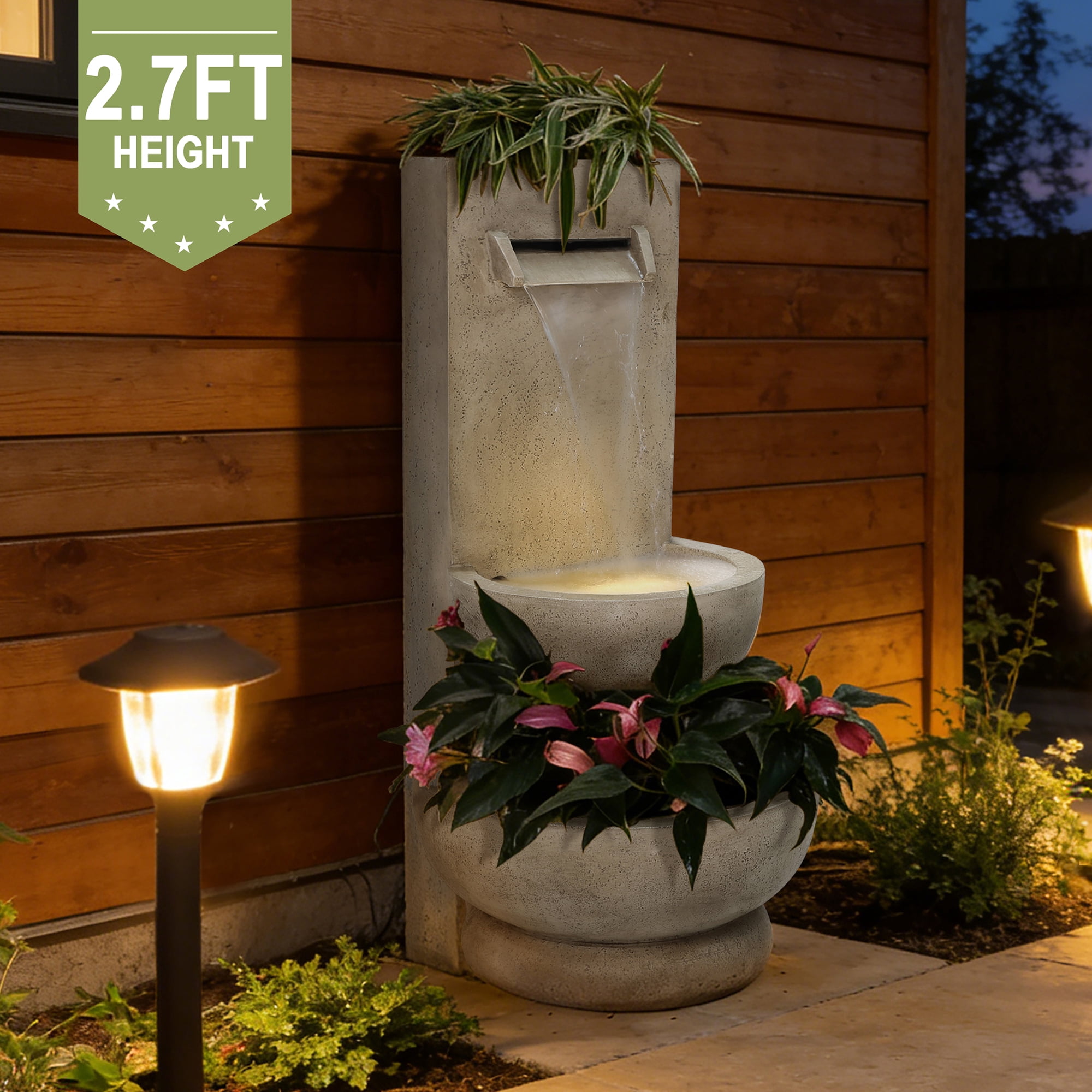 LuxenHome 2.7-Feet Tall Polyresin Fountain with Planter, Lighted Outdoor Water Feature