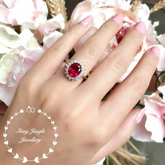 Royal halo design genuine lab grown ruby engagement ring, July birthstone promise ring,