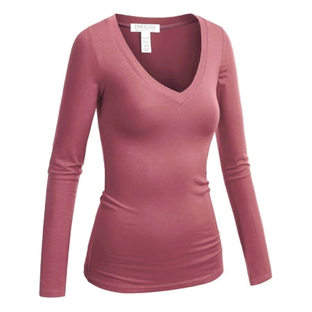 Emmalise Women's Casual Basic V-Neck Tshirt Long Sleeves Tee Top - Junior and Plus Sizes