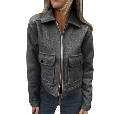 Hvyesh Womens Cropped Wool Blend Pea Coat Casual Zip Up Lapel Short Jackets Fall Solid Long Sleeve Jacket Shackts with Pockets