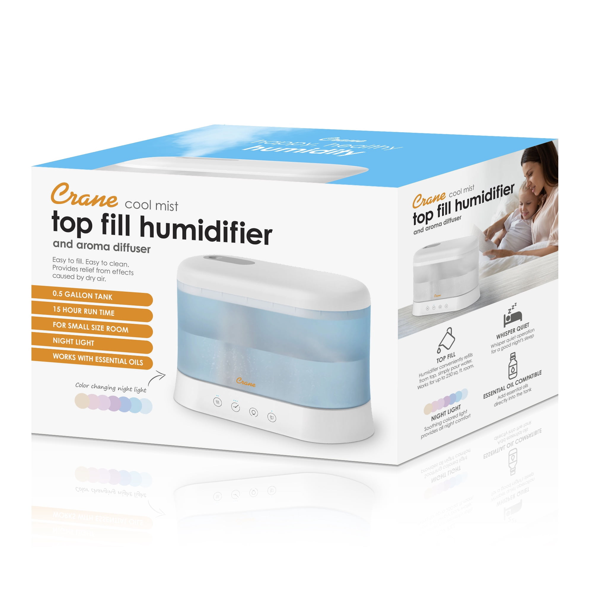 Crane 0.5 gal Top Fill Cool Mist Humidifier & Essential Oil Diffuser