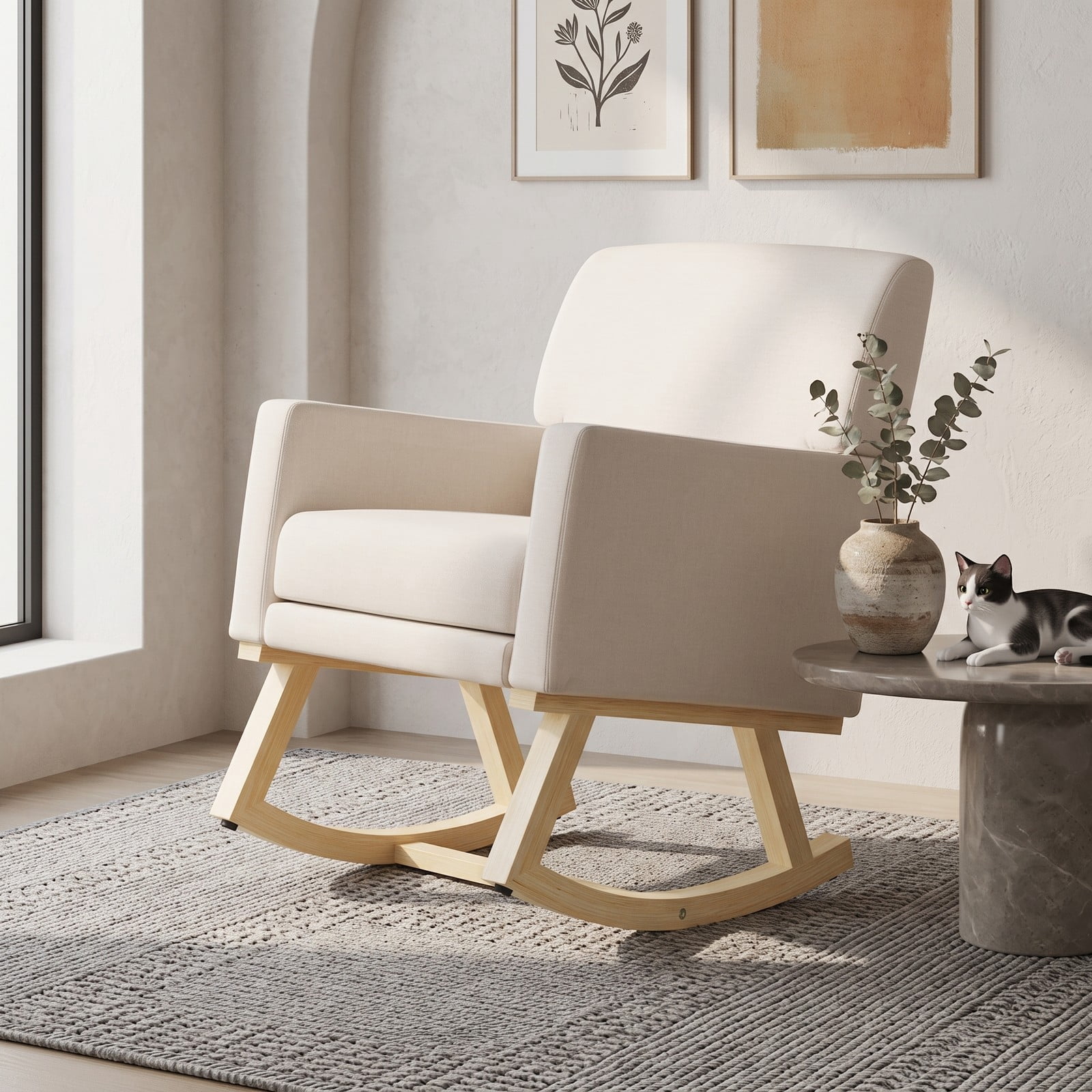 Furnibear Upholstered Rocking Chair with Solid Rubber Wood Base, High Back Padded Glider Nursery Accent Rocker for Living Room Bedroom, 350 lbs Capacity, Beige