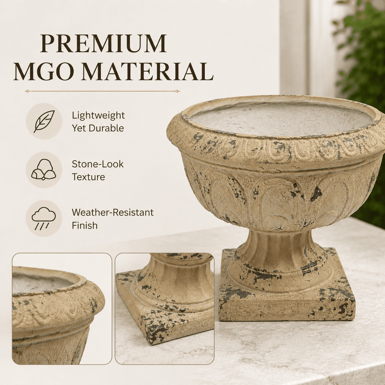Aukfa Large MGO Garden Urn Planter, Outdoor Tall Decorative Stone-Look Flower Pot with Drainage Hole & Weather-Resistant, White