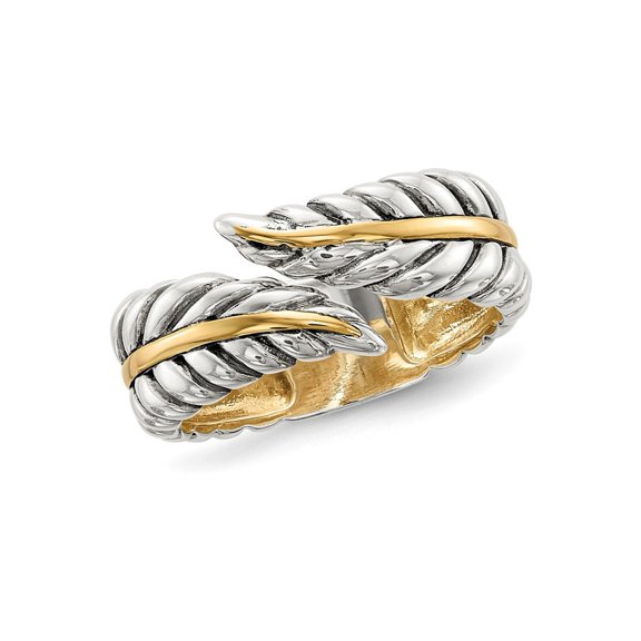 Ladies Antiqued Leaves Bypass Ring in Sterling Silver with 14K Gold for Women