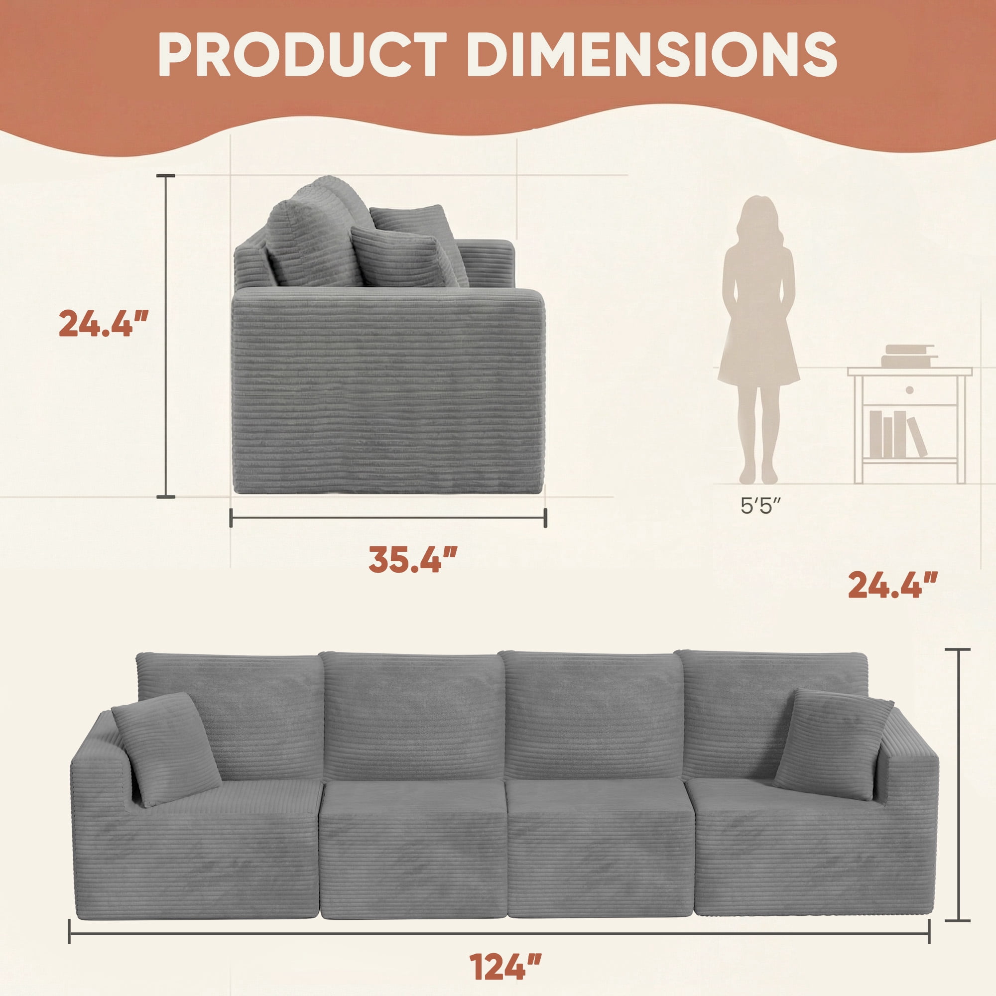 Homall 4-Seat Modular Corduroy Sofa, Sectional Couch with Convertible Modules, Modern Minimalist Sofa Set for Living Room, Freely Combinable Sofa Furniture, Grey