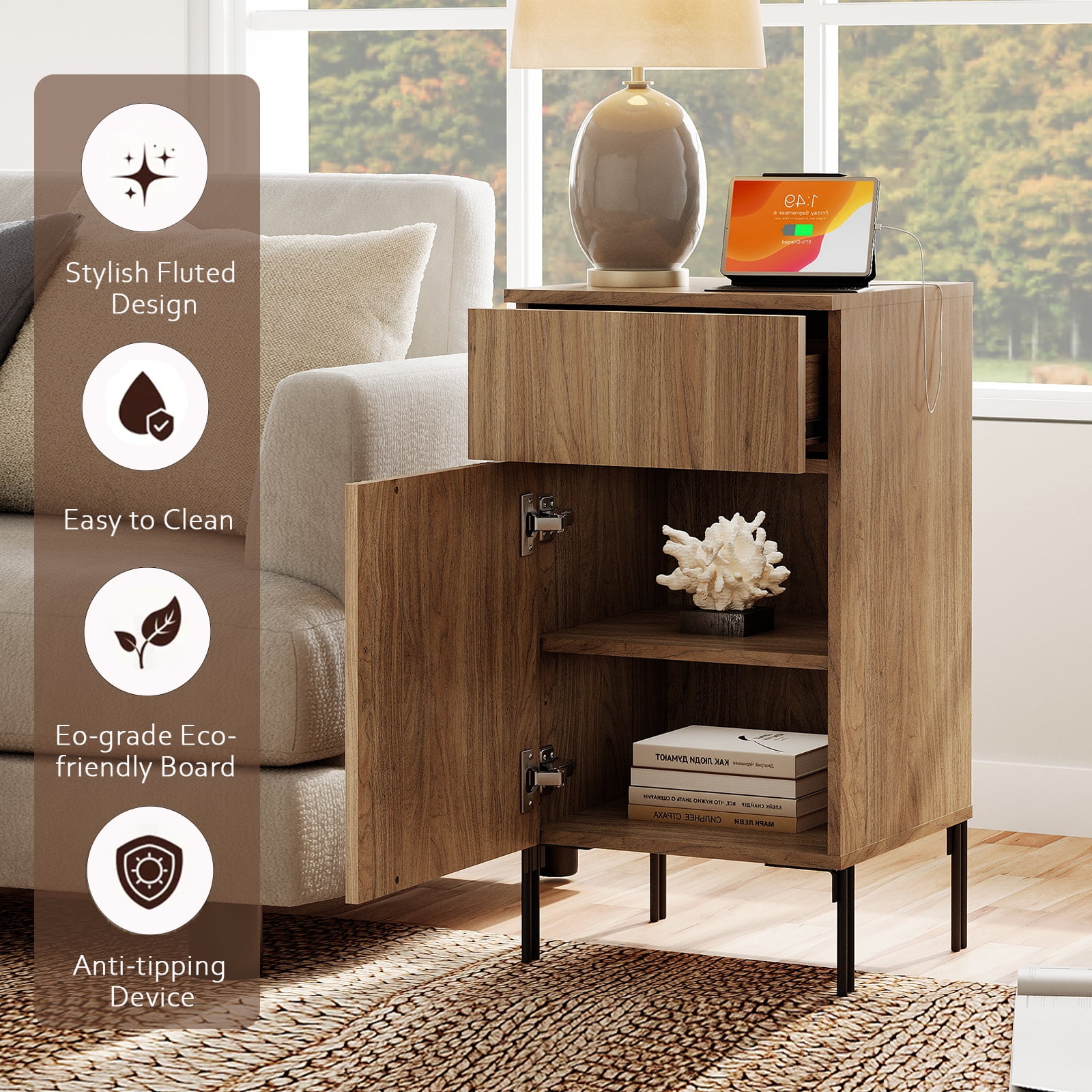 Modern Minimalist Nightstand Set of 2 with Built-In Outlets, Reed Pattern Design