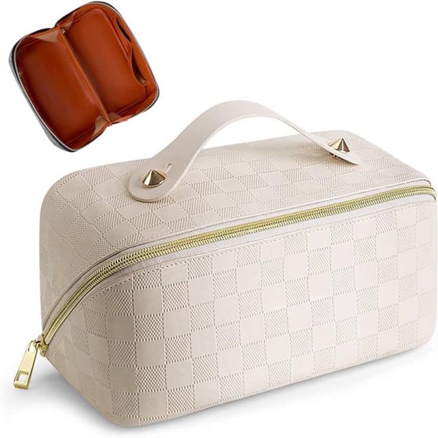 Bolsa de almacenamiento de maquillaje para mujer bolsa organizadora de cosméticos a cuadros de cuero PU regalo para niñas