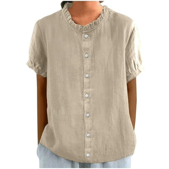 Yubnlvae Women's Cotton Linen Short Sleeve Shirt – Breathable Button-Down Blouse with Frill Trim, Loose Fit Work Office Top & Casual Summer Wear (Beige | L)