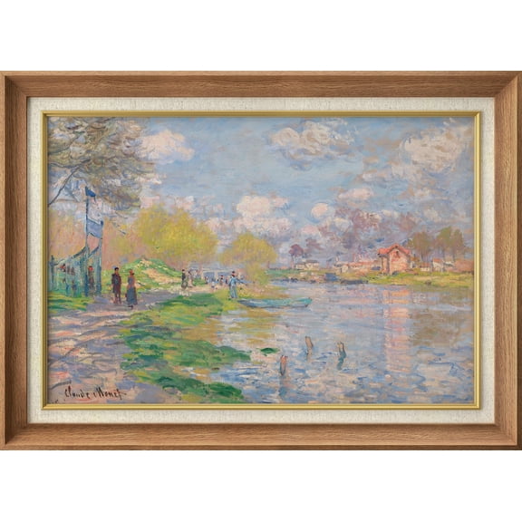 IDEA4WALL Premium Frame Wall Art Spring by The Seine by Claude Monet Historic Cultural Illustrations Impressionism Scenic Fine Art Countryside Colorful Artwork for Home Decor - 26"x36" Natural