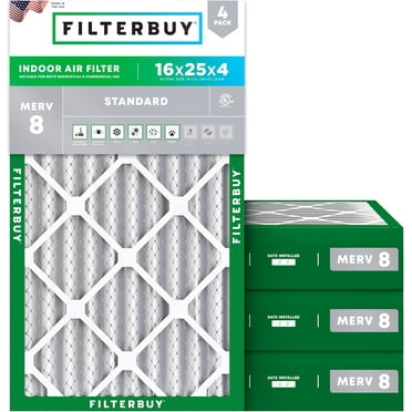 Filterbuy 16x25x4 MERV 8 Dust Defense, Pleated HVAC AC Furnace Air Filters (4-Pack)