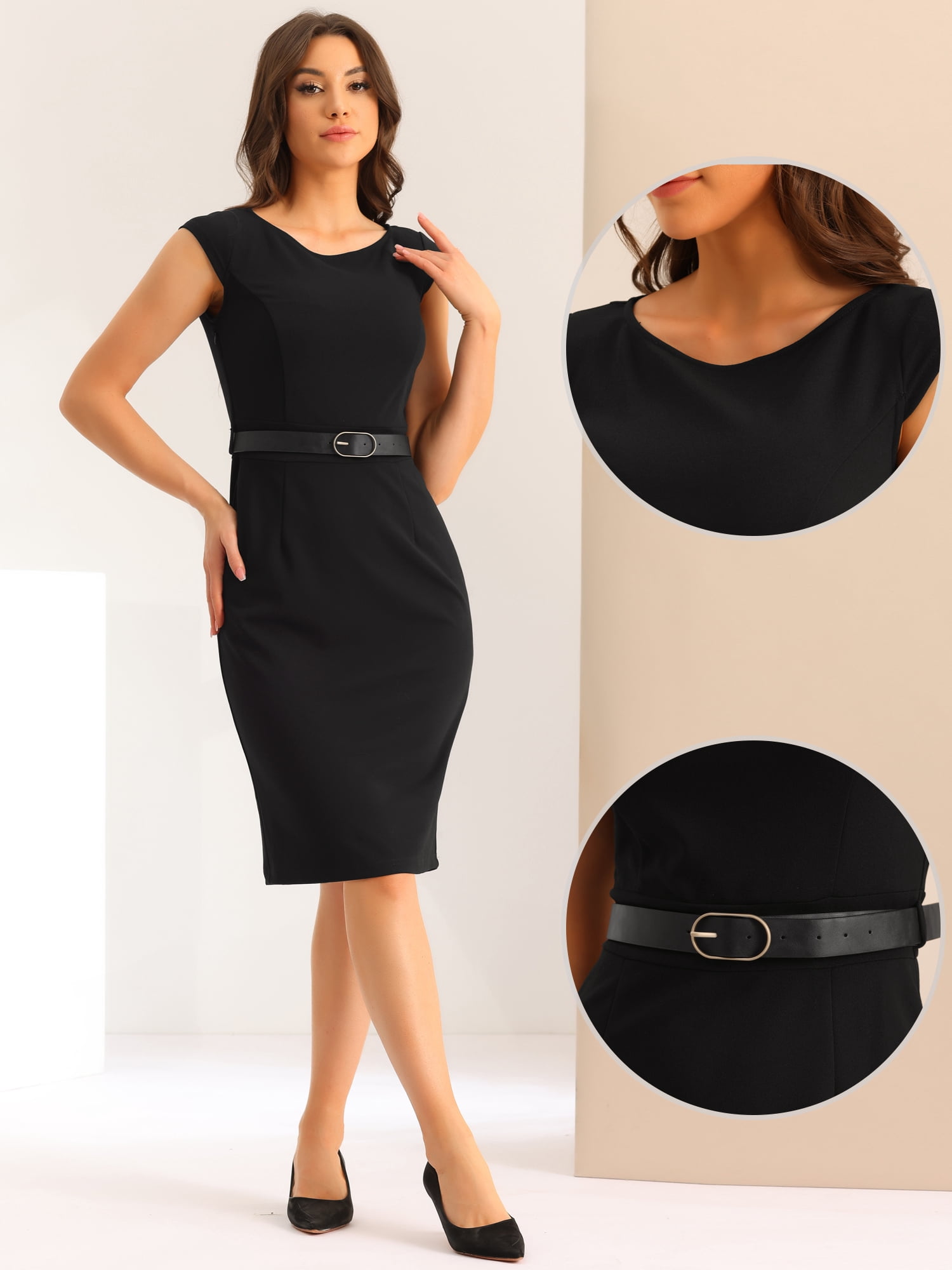 DARING DIVA Women's Cap Sleeve Boat Neck Pencil Dresses L Black