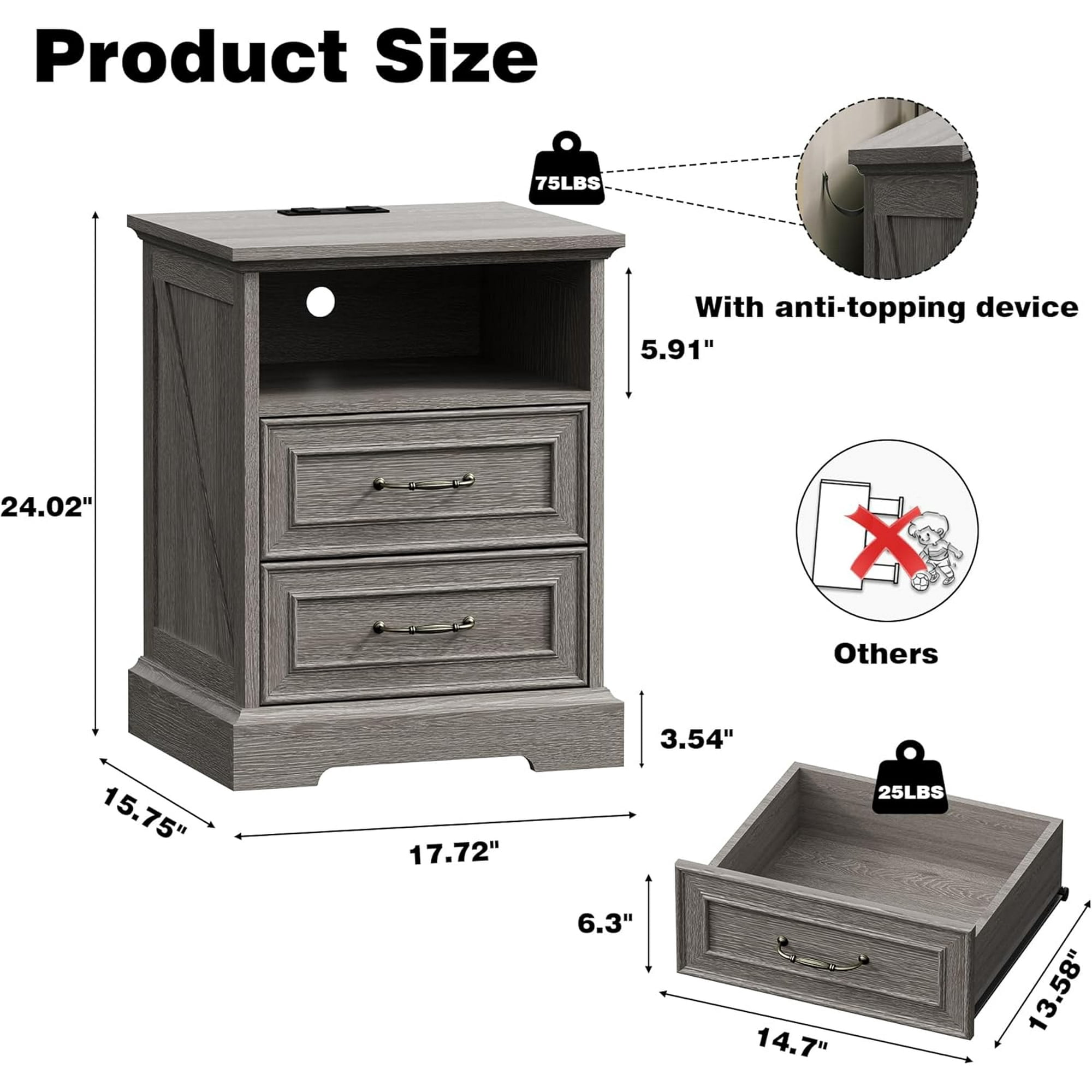 FANRAL 2 Drawers Dresser for Bedroom,Farmhouse Nightstand with Charging Station & Open Shelf,24" Wide Wooden Chest of Drawers,Rustic Storage Cabinet,Dark Gray Dresser