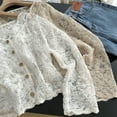 thumbnail image 4 of XISAOK Women Autumn Korean Lace Flare Long Sleeve Blouse V-Neck Button Down Cropped Cardigan Hollow Crochet Floral See Through Thin Shrug for Jacket Shirts Outwear, 4 of 20
