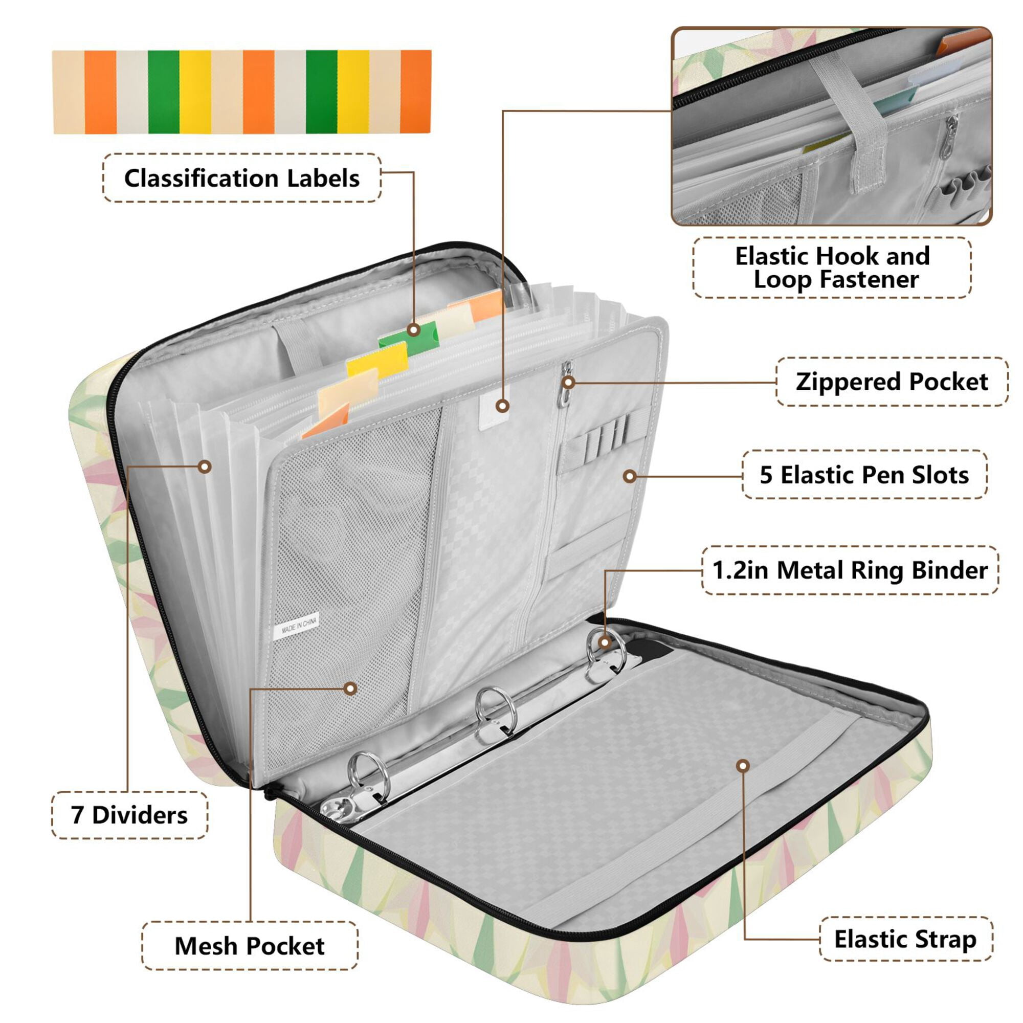 FORMRS Accordion File Folder A4 Size 7-Pocket Expanding Document Organizer Bag with 3 Ring Binder, Beige Symmetrical Stars