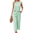 thumbnail image 3 of Women'S Summer 2 Piece Outfits Set Round Neck Sleeveless Tank Crop Top Wide Leg Pants Set with Pockets Mint Green XL, 3 of 9