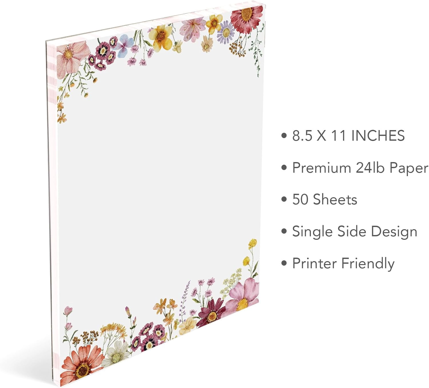 Flower Paper Stationery, Floral Letterhead 8.5 x 11 Inches, 50 Sheets, Elegant Writing Paper, Pretty Stationary Decorative Printer Papr, Spring Wildflower Letter Set