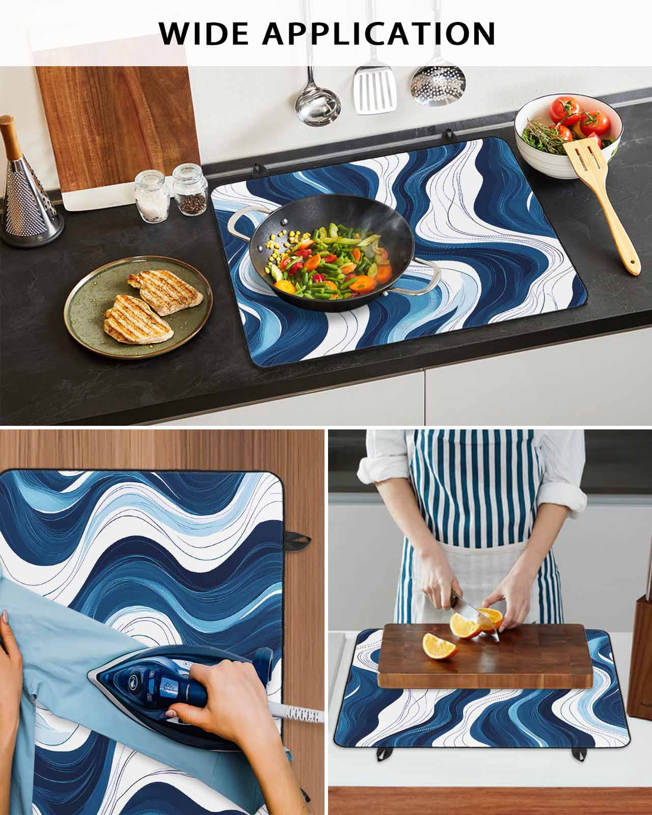 nqOlkjepod Large Induction Cooktop Protector Mat 24"x21", Blue Stripe Stove Top Covers for Electric Stove, Geometric White Coastal Wave Modern Ocean Stove Burner Cover Mats, Glass Top Stove Cover
