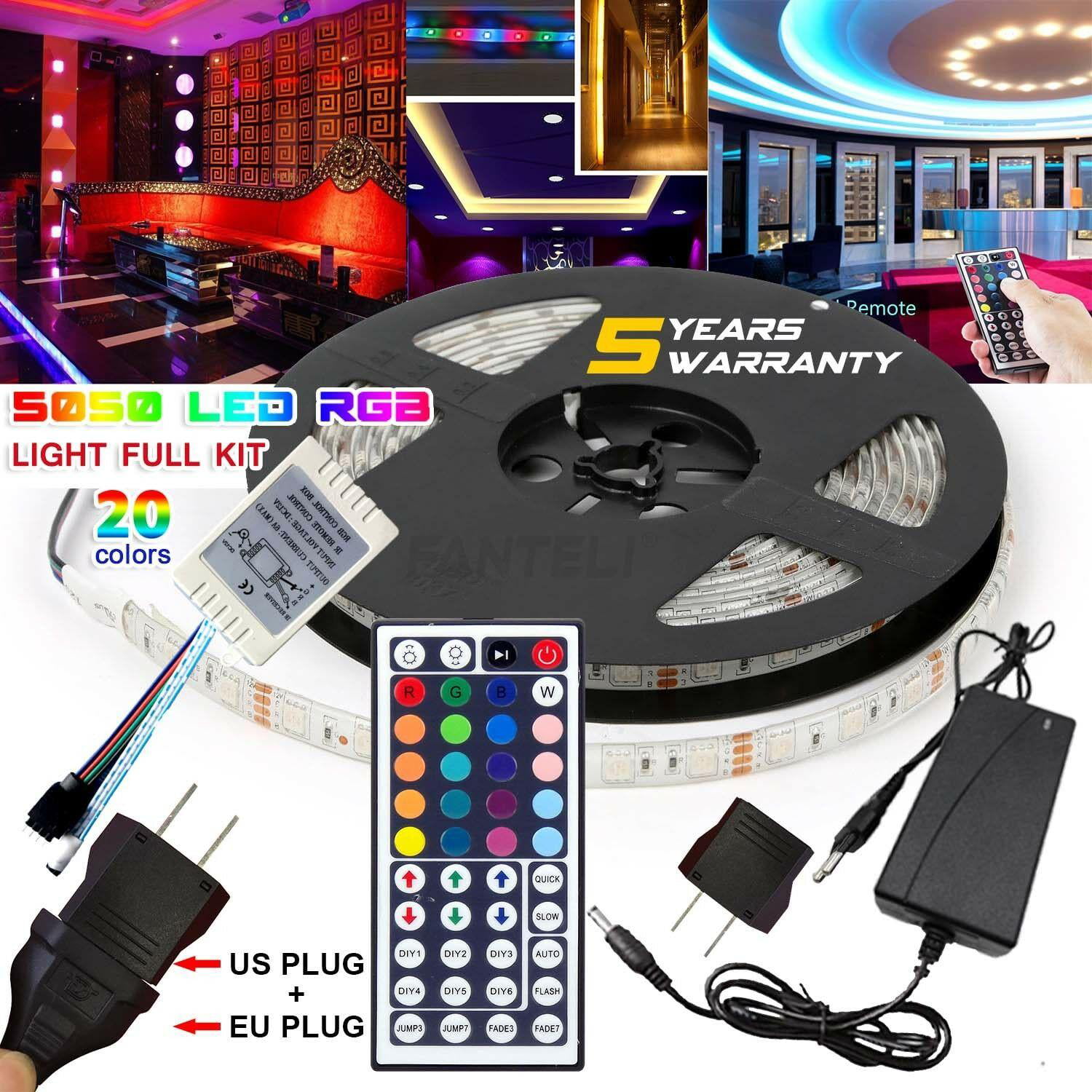 Flexible 5M RGB 5050 LED Strip light SMD 44 Key Remote 12V US Power Full Kit 