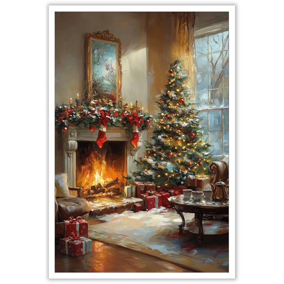 Vintage Rustic Christmas Tree Celebrate Whimsical Holiday Posters Colorful Room Aesthetics Canvas Wall Art Fireplace Scene Prints Painting For Home Bedroom Dorm Wall Decor Perfect holiday gift