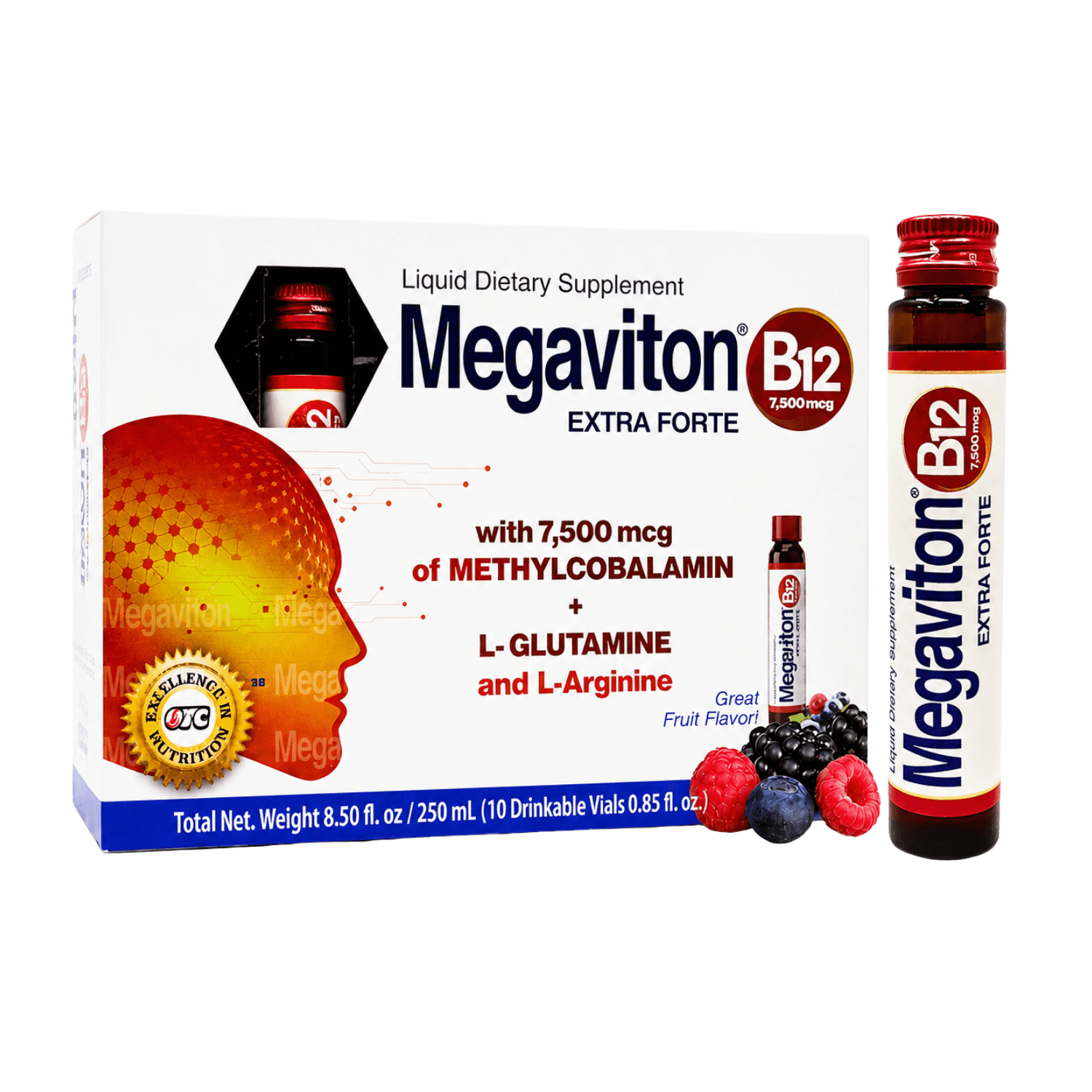 Megaviton B12 Extra Forte Liquid Supplement, 7,500 mcg Methylcobalamin + L-Glutamine & L-Arginine, 10 Ready-to-Drink Vials (25 mL Each)