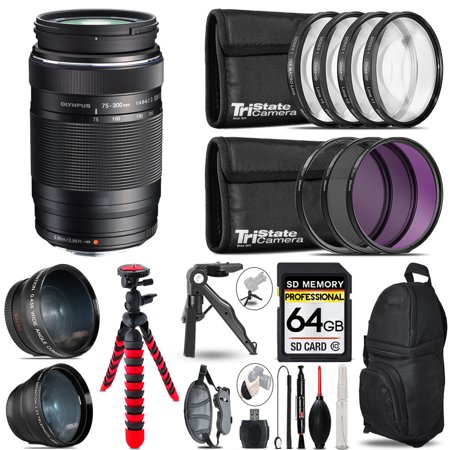 Olympus M.Zuiko Digital ED 75-300mm f/4.8-6.7 II Lens- 3 Lens Kit + Tripod + Backpack - 64GB Accessory Bundle