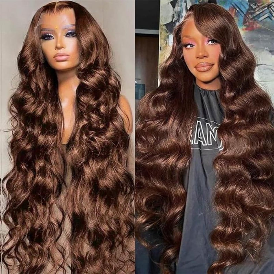 Stackable Chocolate Body Wave Human Hair Wigs 13X6 HD Lace Frontal Wig 13X4 Human Hair 250 Density Colored Pre Plucked Brazilian Wig Brown - Typpkmm