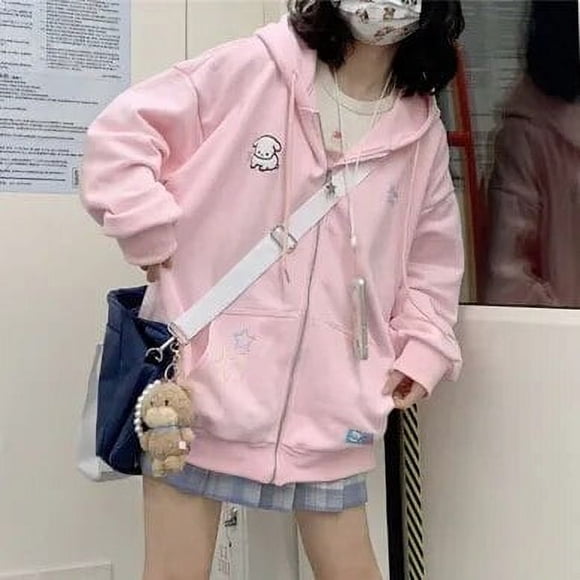 QWEEK Harajuku Kawaii Pink Zip Up Hoodie Women Japanese Style Cute Cartoon Beige Hooded Jacket Oversize Korean Girly Sweatshirts