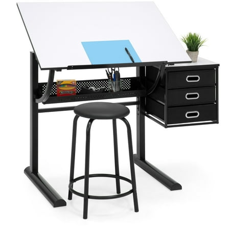 42in Drafting Table Best Choice Products Drawing Drafting Craft Art Table Folding Adjustable Desk w/ Stool - Black/White ()