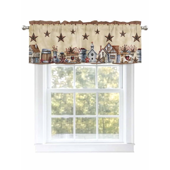 Farmhouse Barn Curtain Valances for Windows, Vintage Country Star Window Valances, Window Treatment Rod Pocket Valance Curtains for Living Room/Kitchen/Bedroom/Bathroom, 54x18inch