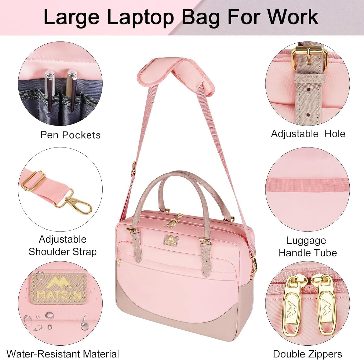 Matein Laptop Computer Bag for Women, 15.6in Waterproof Messenger Bag with Adjustable Shoulder Strap for Work Travel College, Pink