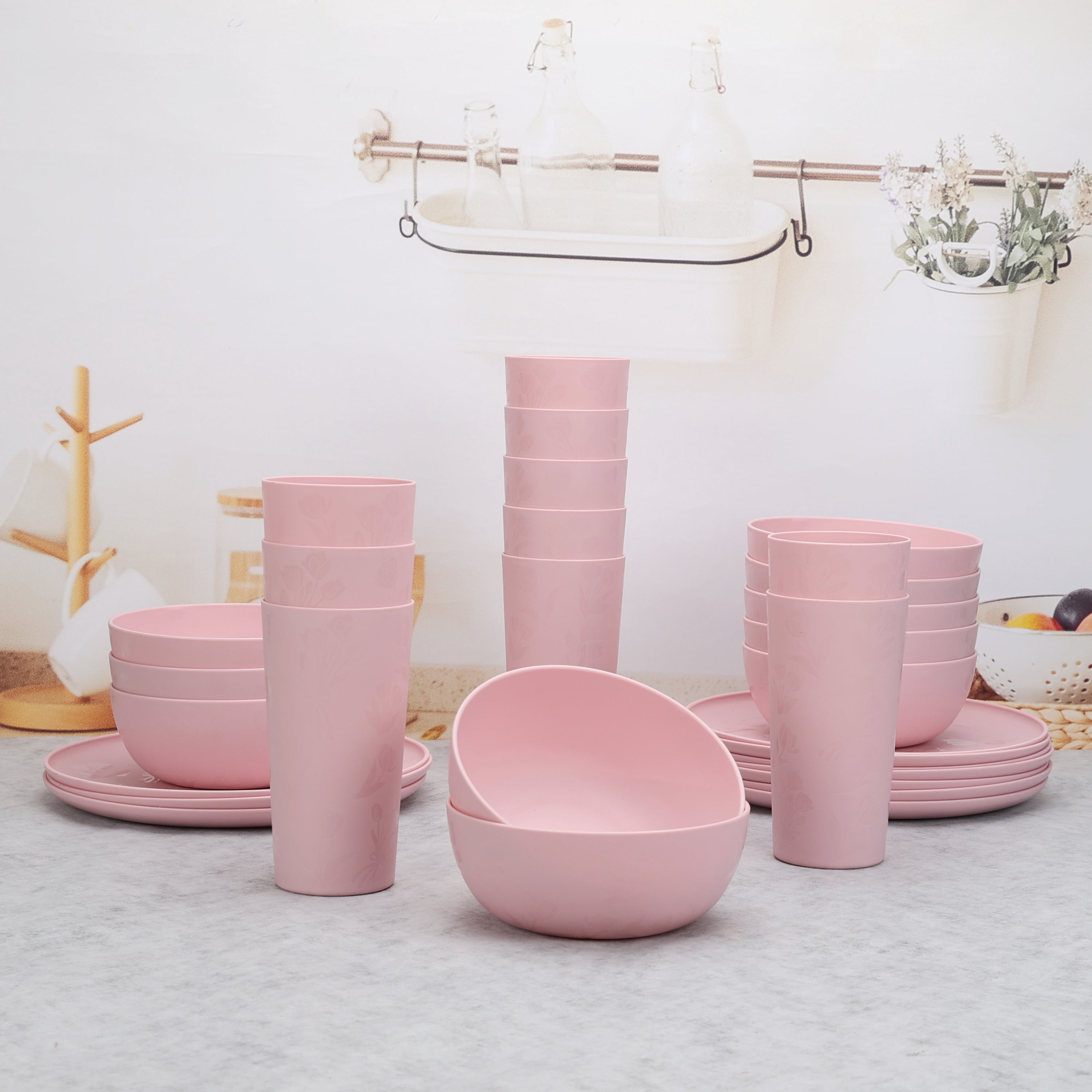 Mainstays 30-Piece Pink Etched Flower Plastic Dinnerware Set, Includes 10 Plates, 10 Bowls, 10 Tumblers