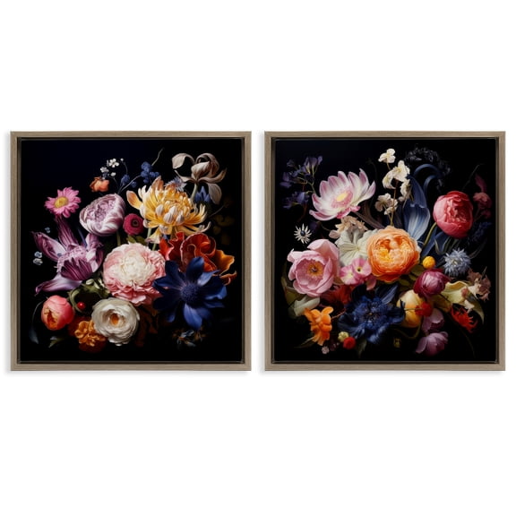 Stupell Industries Exquisite Floral Arrangement Plants & Flowers Painting Brown Floater Framed Canvas Art Print Wall Art, 18 x 18, Set of 2