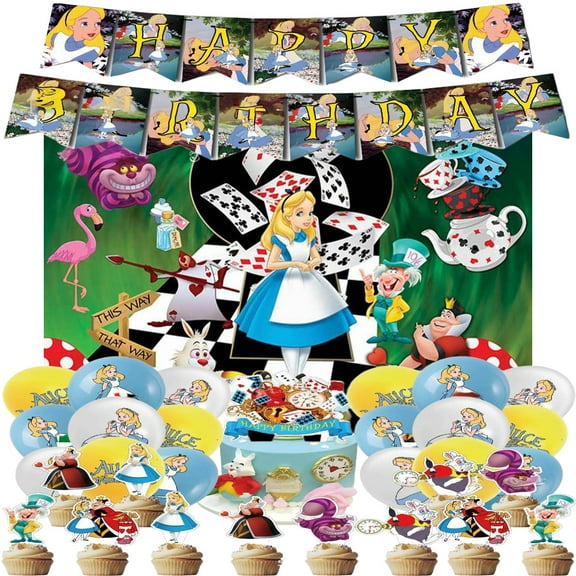 Alice in Wonderland Party Supplies Pack Includes， Banner， Backdrop, Cake Topper，Balloons for Alice party Decoration