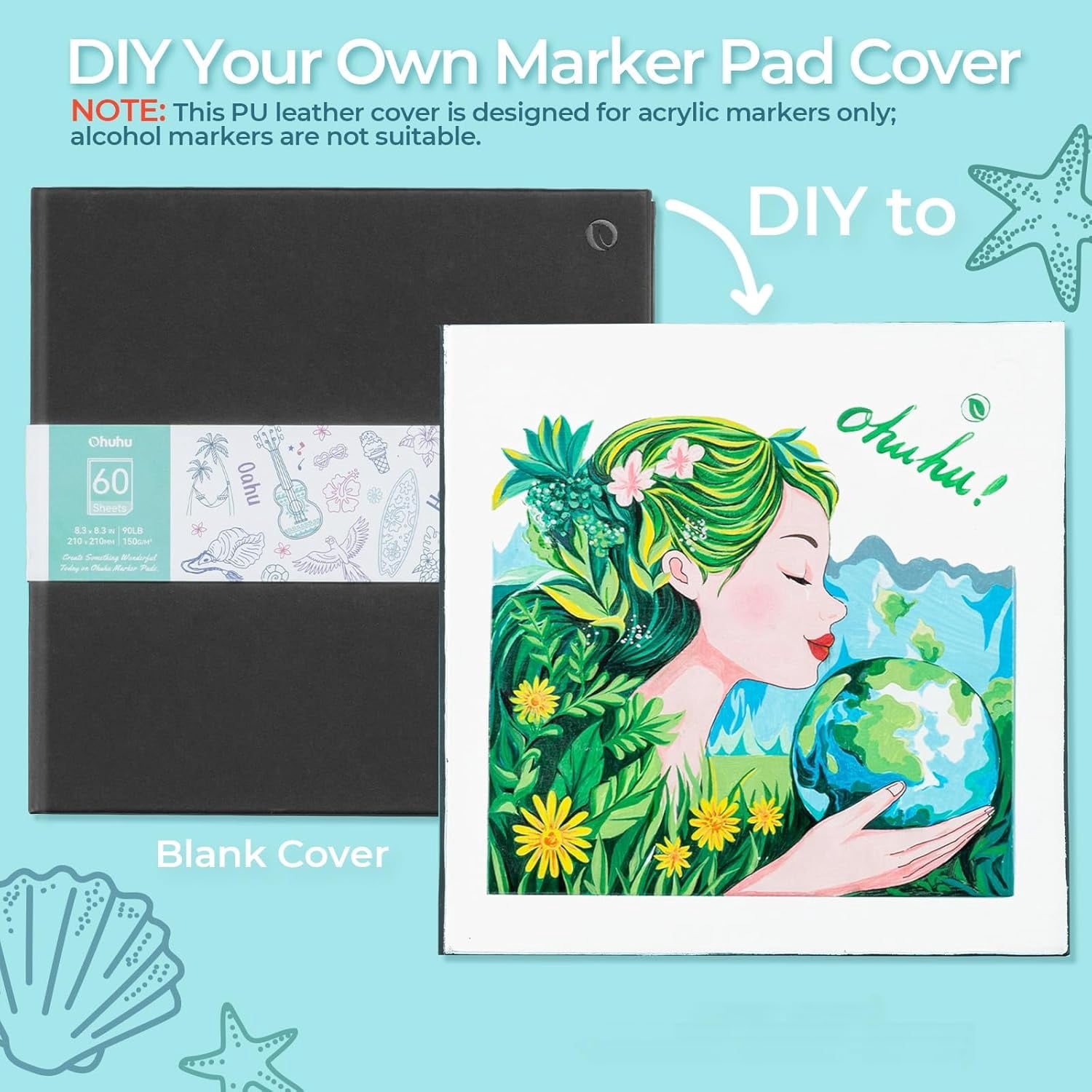 Ohuhu Double-Sided Marker Pad, 8.3"x8.3",60 Sheets/120 Pages, 90 lb/150 GSM Smooth Paper, Hardcover Sketchbook for Alcohol Markers & Paints