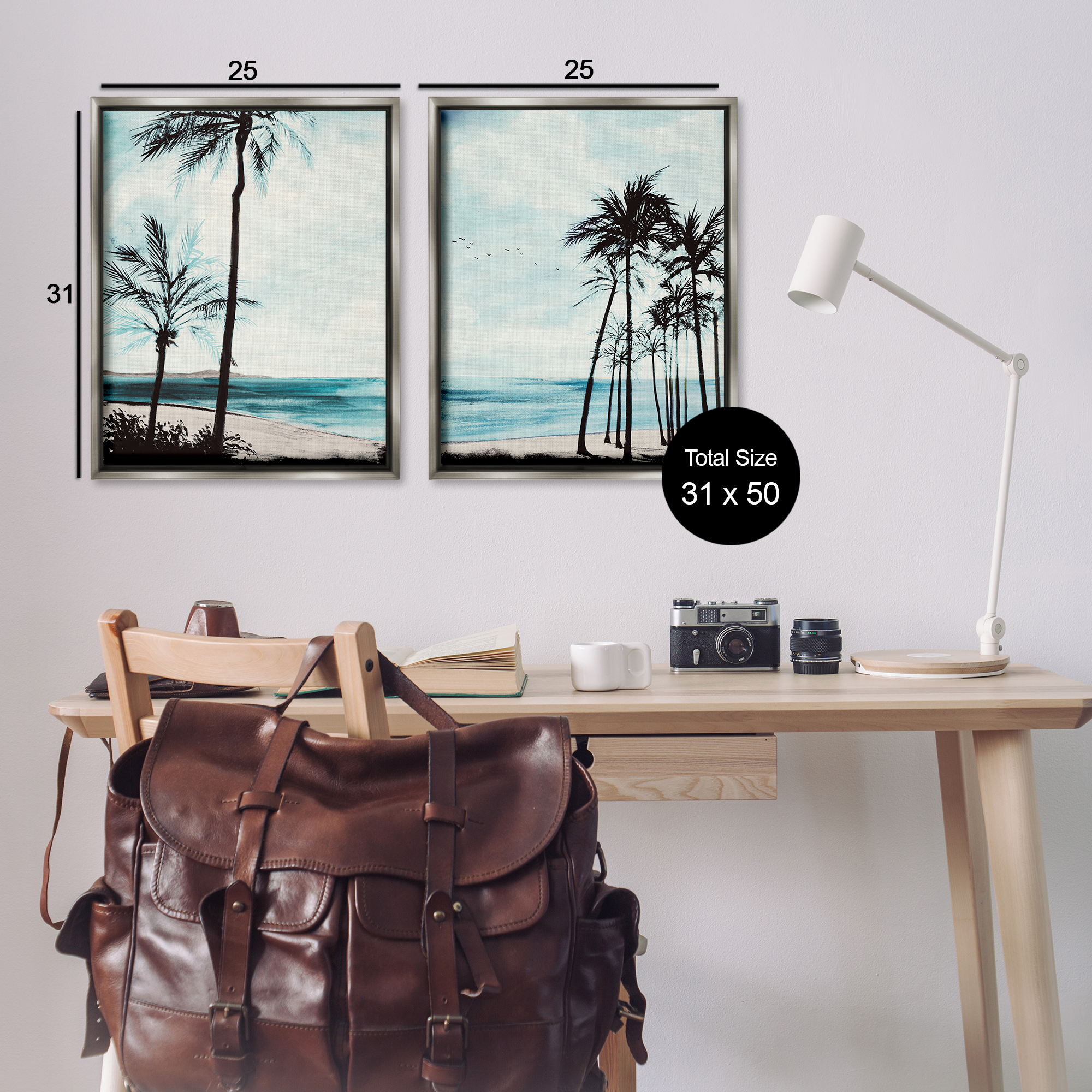 Stupell Industries Tropical Palm Seaview Landscape & Nature Painting Gray Floater Framed Canvas Art Print Wall Art, 31 x 25, Set of 2