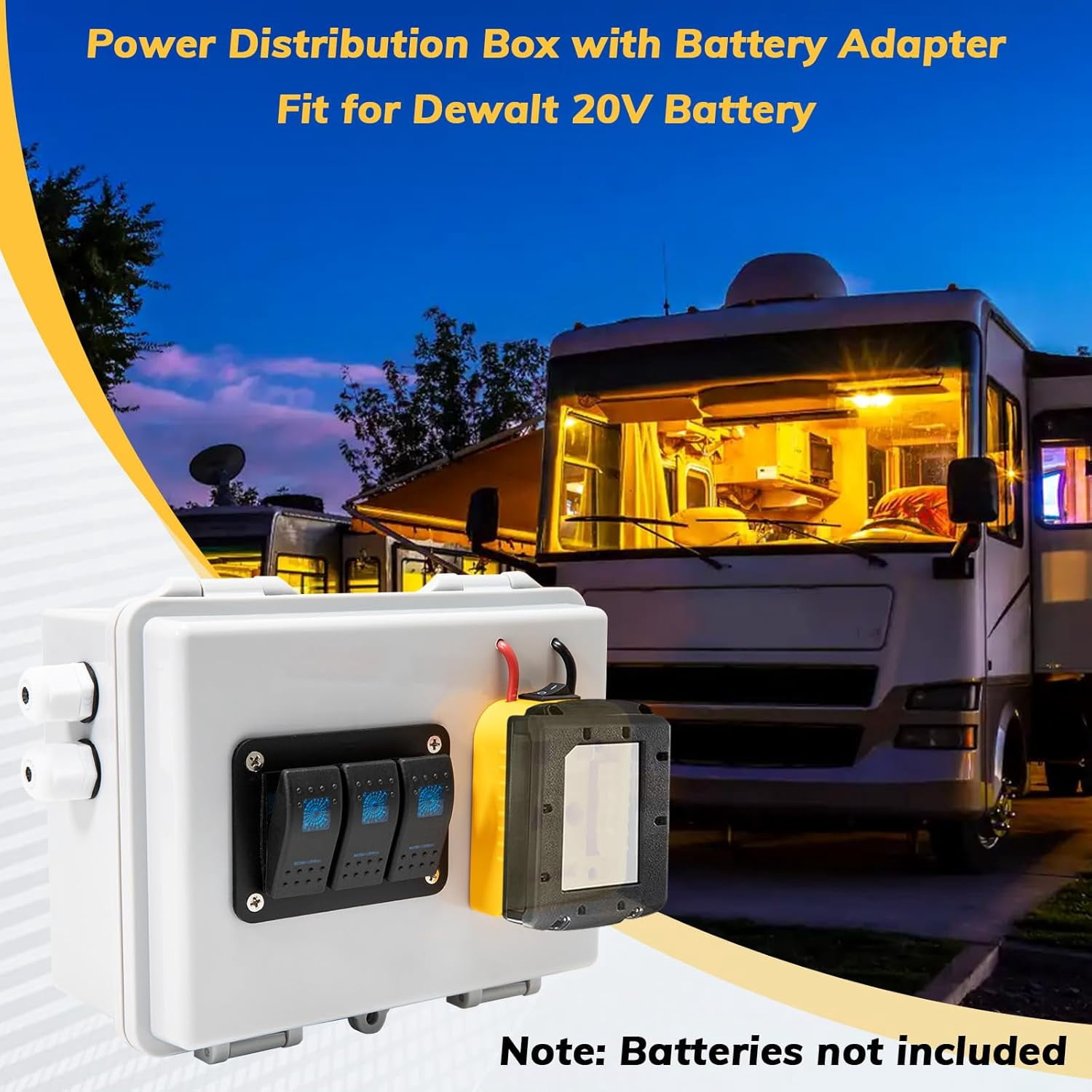 Power Distribution Box with Battery Adapter Fit for De.walt 20V Battery,with Pre-Installed Lines/Dual USB Charger/Low Voltage Protection