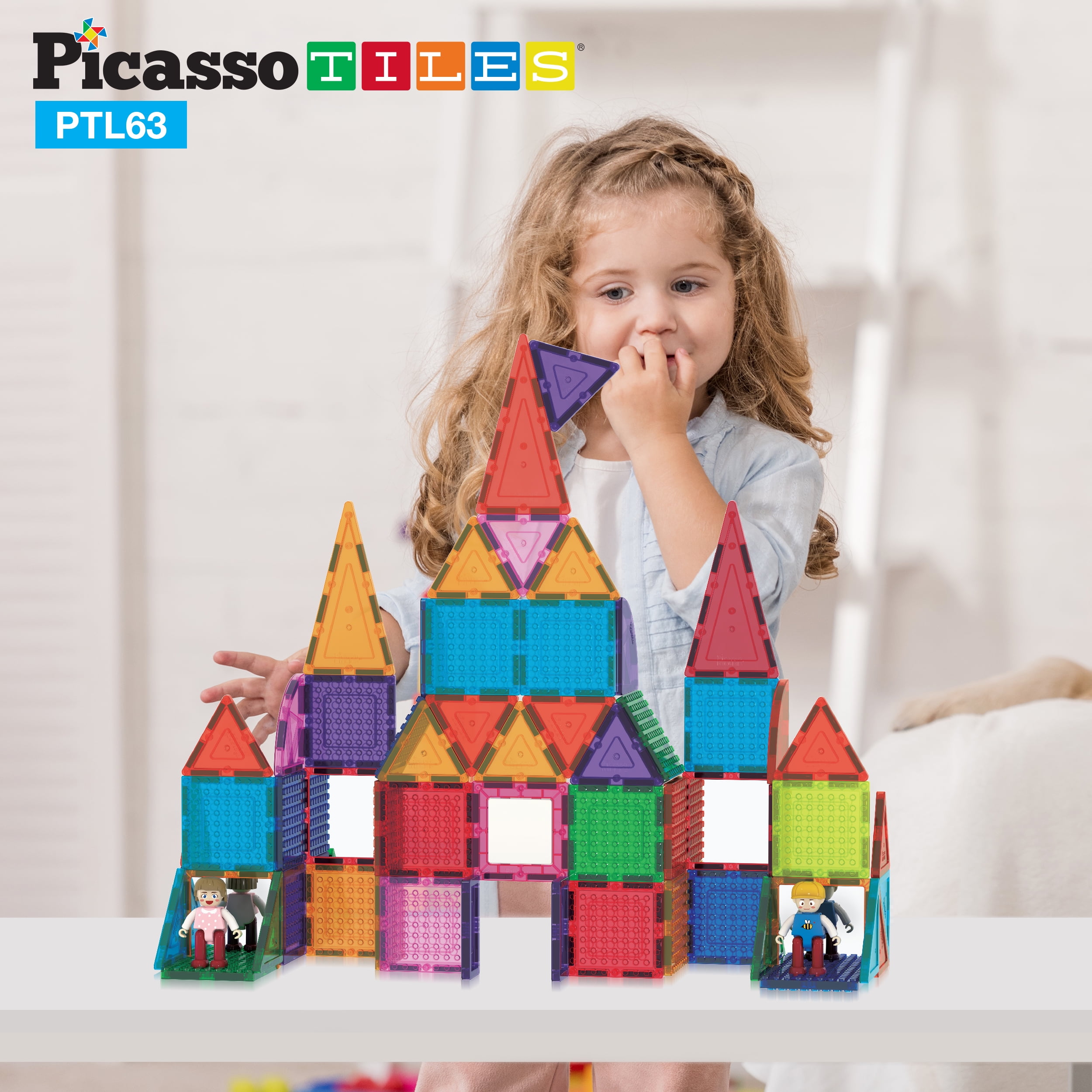 PicassoTiles 63 Piece Building Tiles Toy Set PTL63