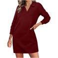 thumbnail image 2 of Clearance Savings Women's Loose Dresses Women's Long Sleeved Lapel V-neck Sportswear Loose Solid Color Dress Wine, S, 2 of 7