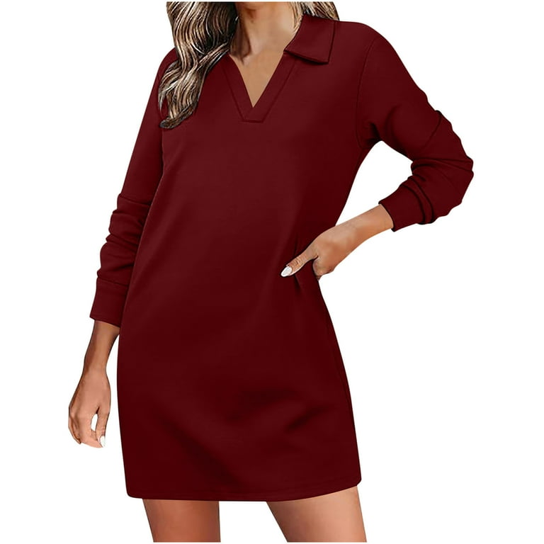 Clearance Deals BUIgtTklOP no boundaries Womens Long Sleeve Lapel Collared  V Neck Sweatshirt Dress Loose Fit Solid Color Mini Dresses Fall Winter 2024 
