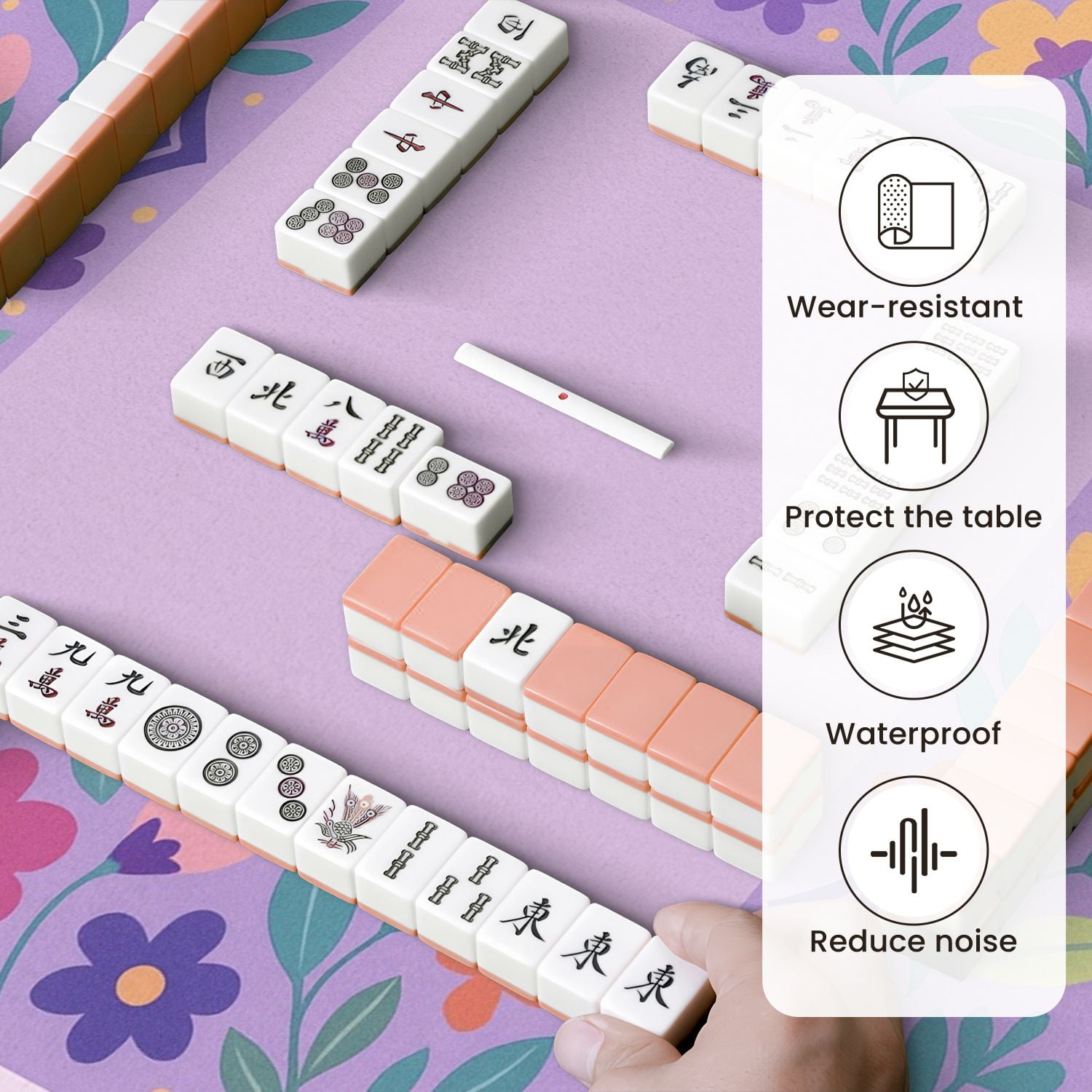 Mahjong Mat 31.5" x 31.5" Colorful Floral Frame Purple Vibrant Flower Anti-Slip and Noise Reduction Symmetry Design Mahjong Tiles Table Cover for Dominoes Poker Card Board and Tile Games