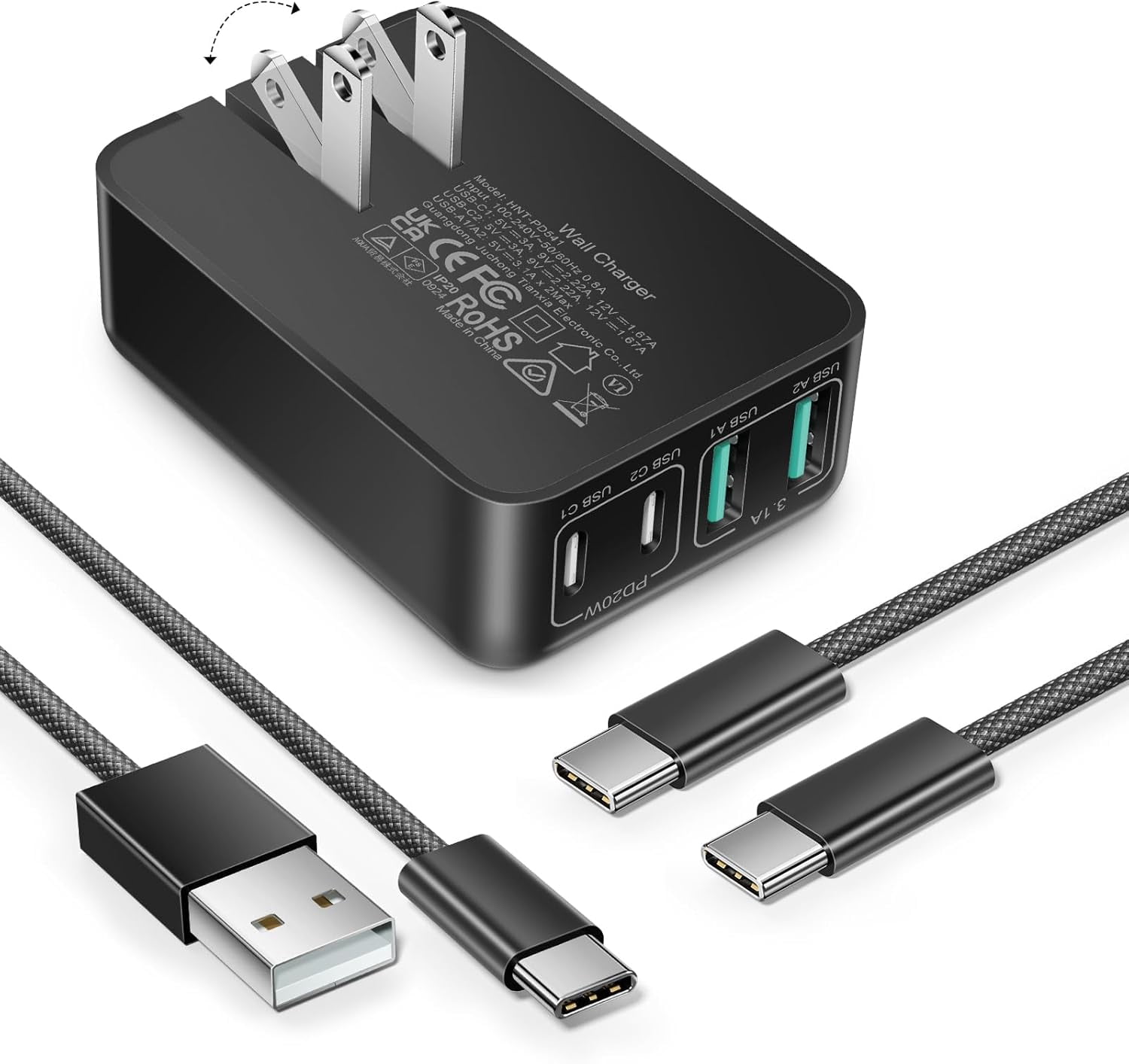 RGHJAR-USB C Fast Charger Block,40W 4-Port Flat PD3.0 USB C Wall Charger with Foldable Plug + 6FT Type C Charging Cable Cord Compatible with iPhone 16/15 Pro/Max/XS/Plus,Samsung Galaxy S25/S24/S23,iP