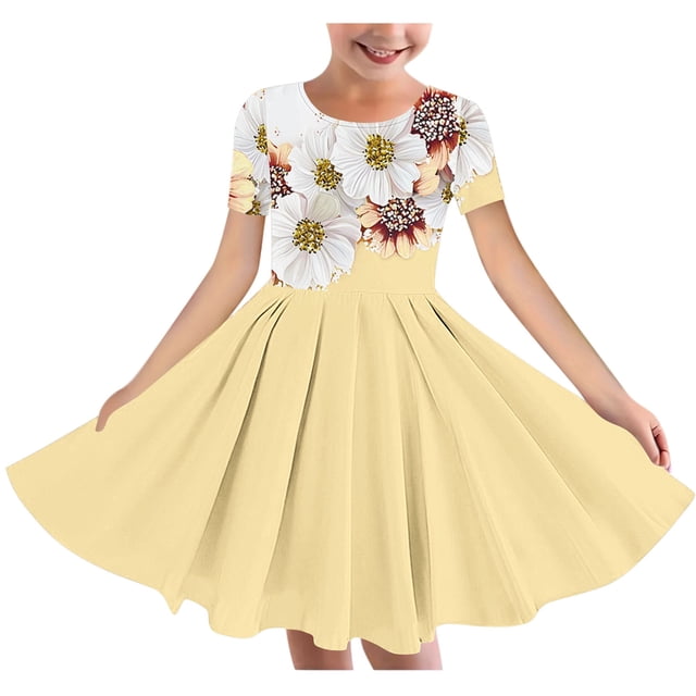 RXIRUCGD 2025 Vêtements d'Été pour Enfants Robe Extensible à Imprimé Floral pour Fille Robe à Manches Courtes à Col Rond Jupe de Danse pour Enfants