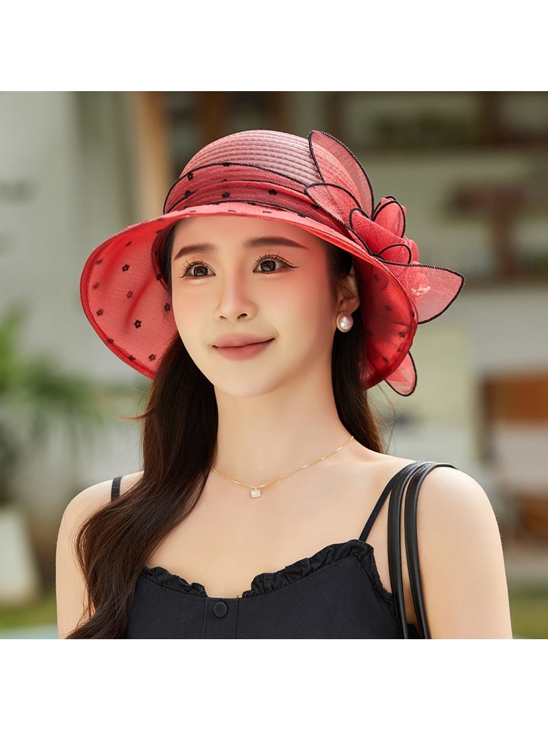 8232 Women Organza Fascinator Hat Dots Wide Brim Sun Caps Bridal Wedding Z&X Organza Church Wedding Hat Bow Flower Fascinator Hairpin  main image 2